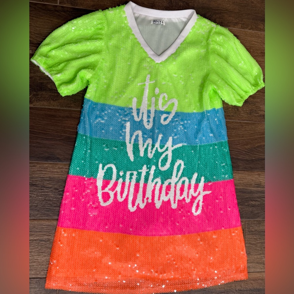 Why Dress neon stripe "It's My Birthday" sequin dress